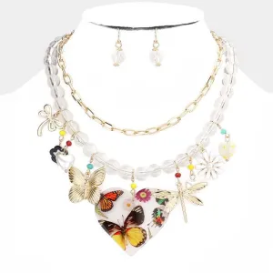 Dragonfly Heart Pearl Butterfly Flower Pendant Lucite Necklaces & Earrings