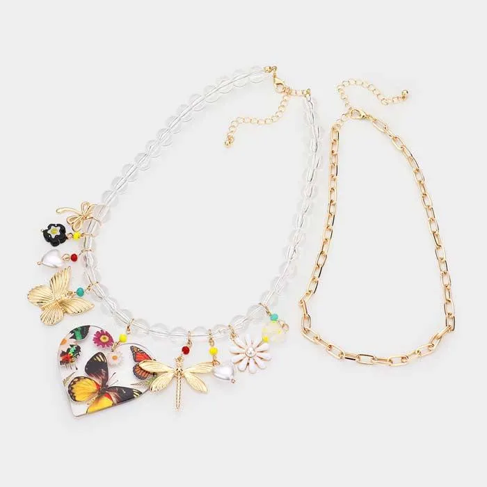 Dragonfly Heart Pearl Butterfly Flower Pendant Lucite Necklaces & Earrings