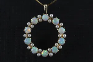 Edwardian 14K Gold Opal & Seed Pearl Wreath Pendant Necklace c.1910