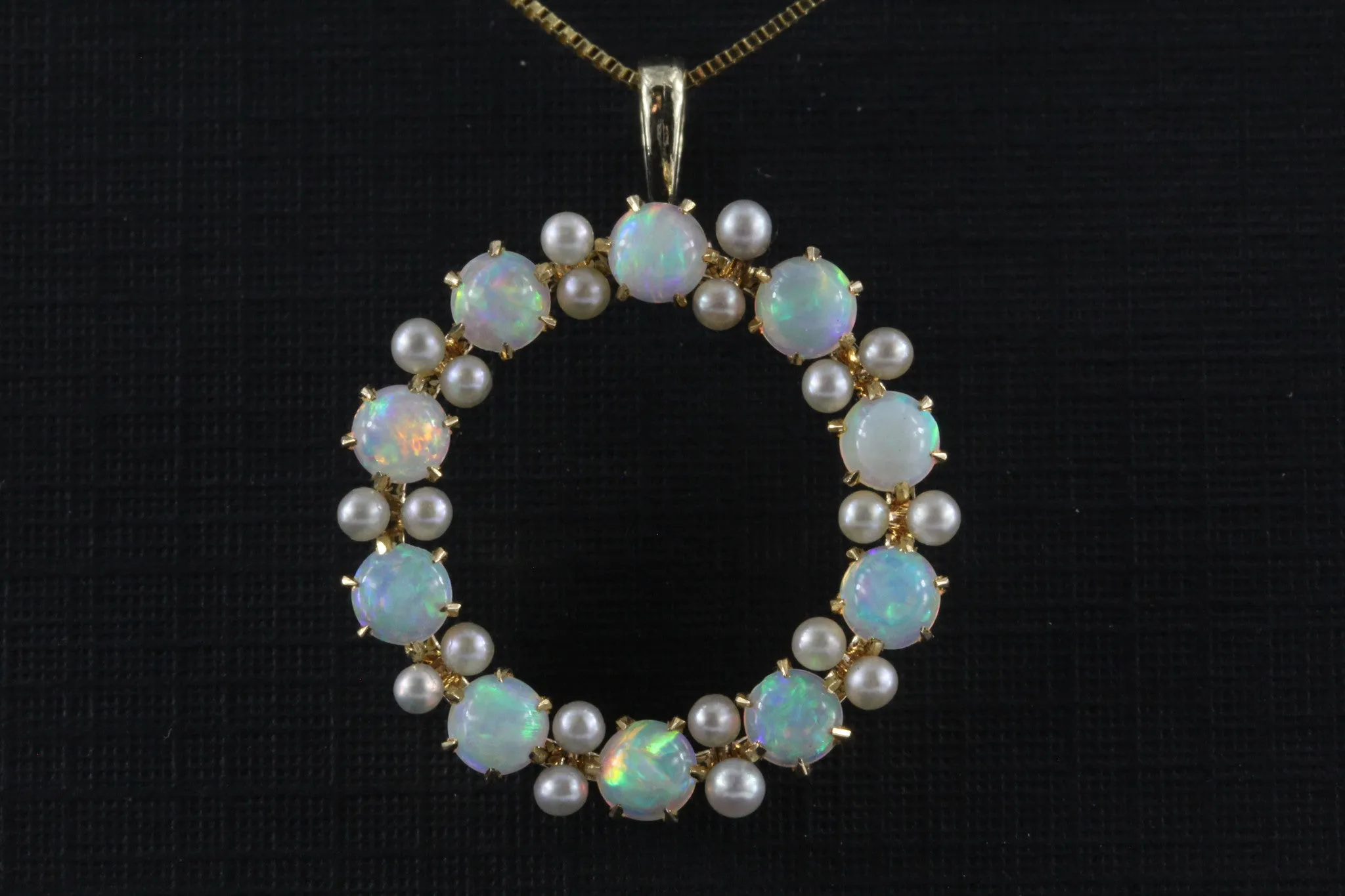 Edwardian 14K Gold Opal & Seed Pearl Wreath Pendant Necklace c.1910