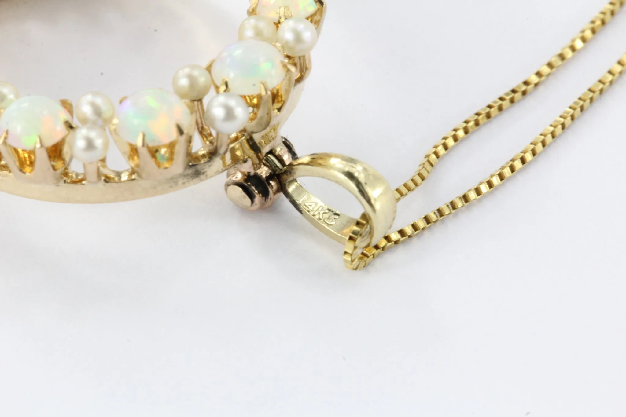 Edwardian 14K Gold Opal & Seed Pearl Wreath Pendant Necklace c.1910