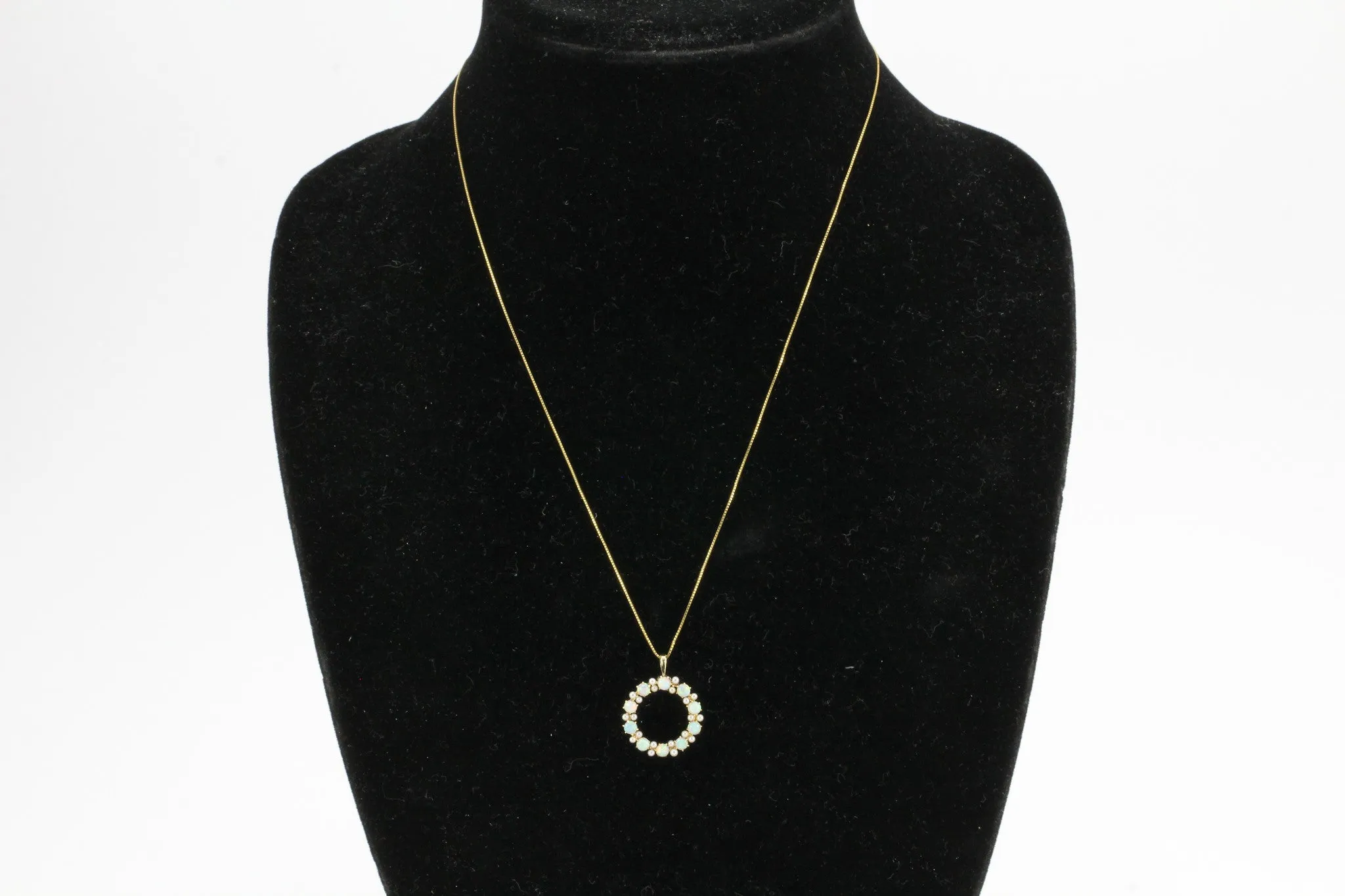 Edwardian 14K Gold Opal & Seed Pearl Wreath Pendant Necklace c.1910