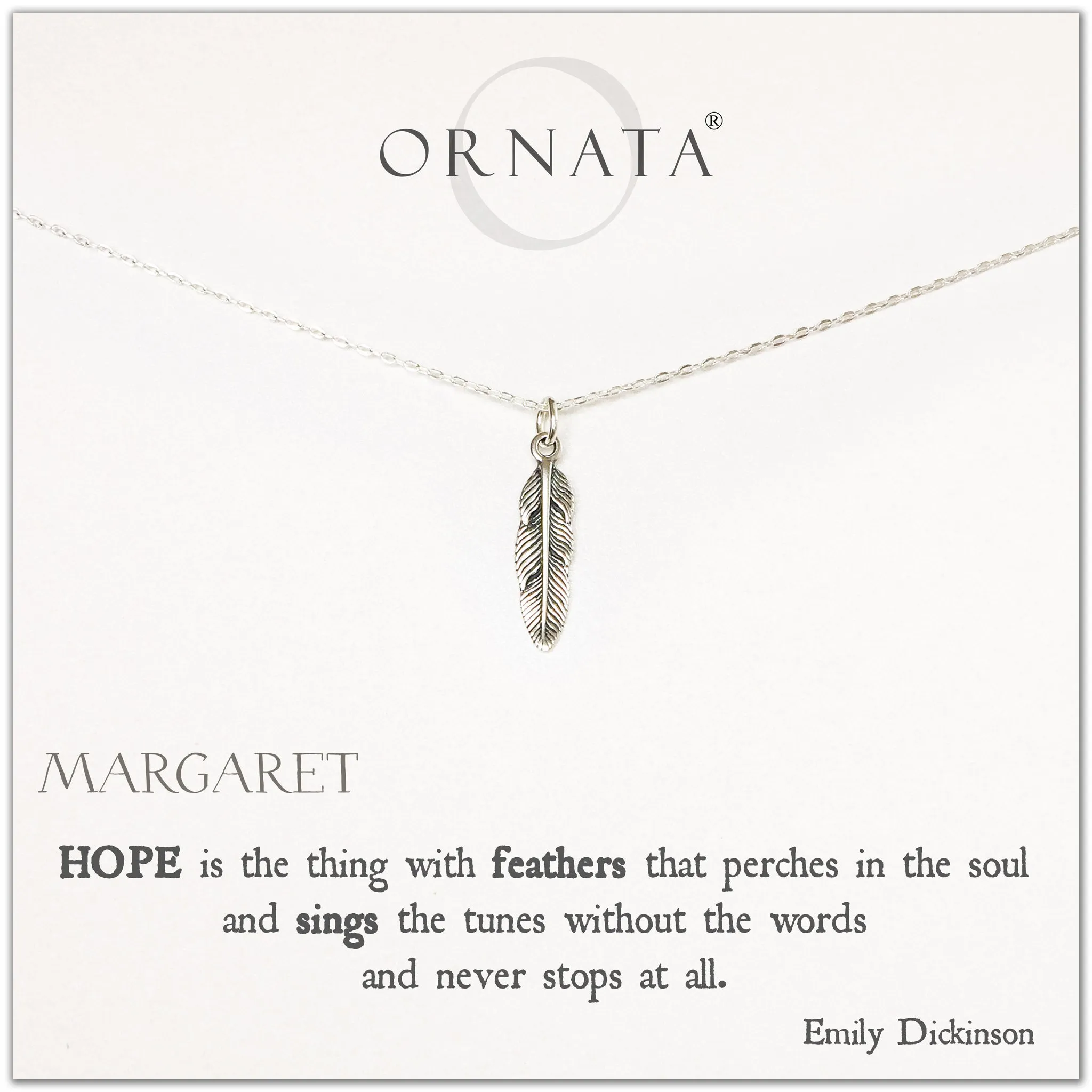 “Emily Dickinson Hope Quote” Sterling Silver Feather Necklace on Personalized Jewelry Card