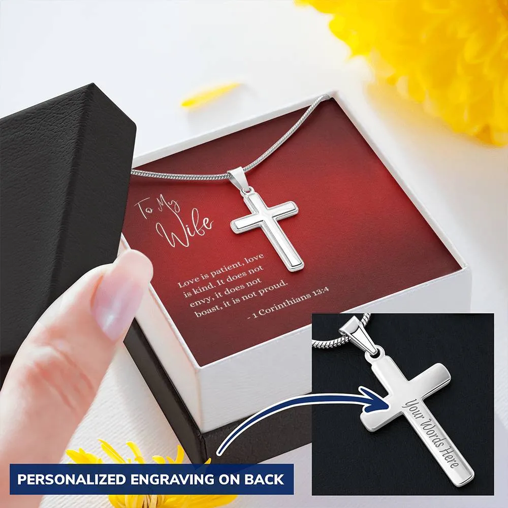 Engraved Cross Necklace | For Wife | 1 Corinthians 13:4