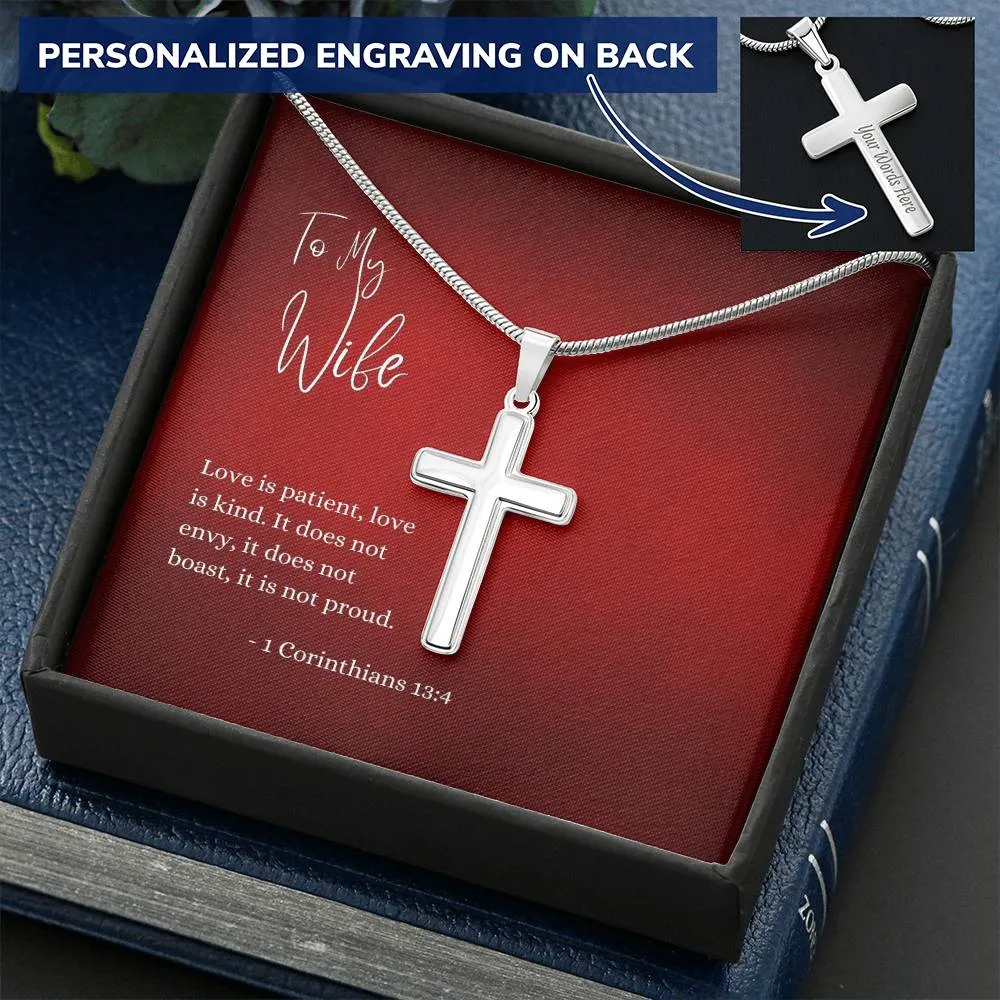 Engraved Cross Necklace | For Wife | 1 Corinthians 13:4