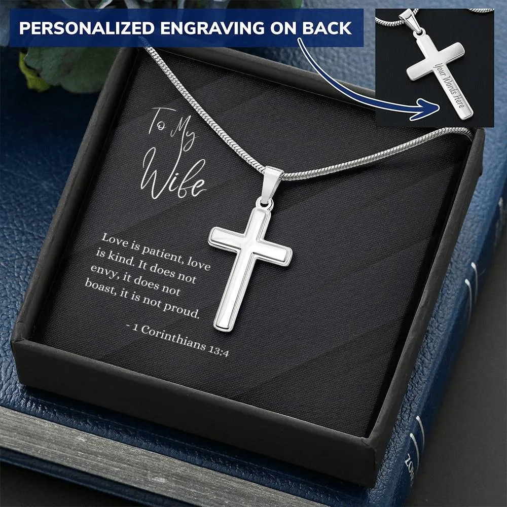 Engraved Cross Necklace | For Wife | 1 Corinthians 13:4