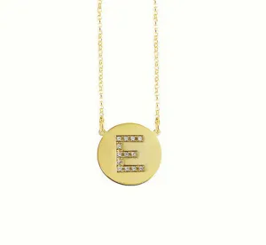 Engraved Gold Disc CZ Initial Necklace