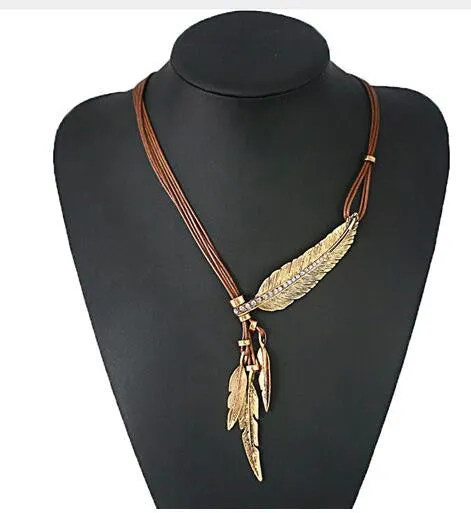 Fashion Bohemian Style Black Rope Chain Feather Pattern Pendant Necklace For Women Fine Jewelry Collares Statement Necklace