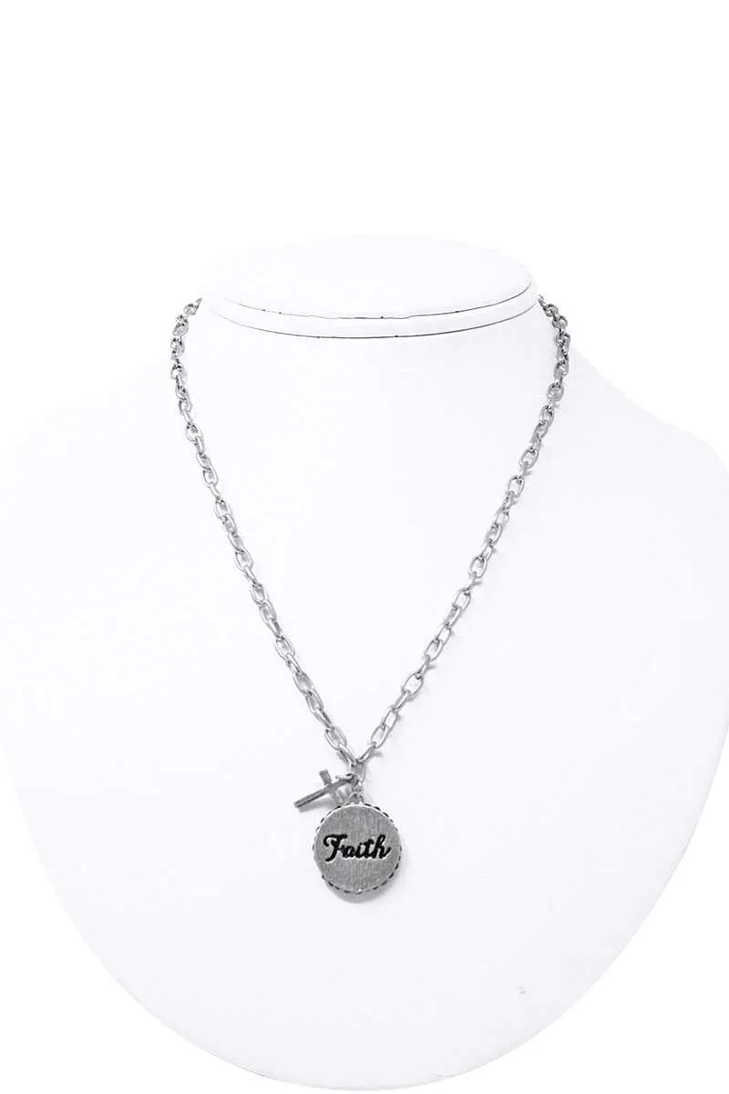 Fashion Side Rhinestone Circle Faith Pendant And Cross Necklace