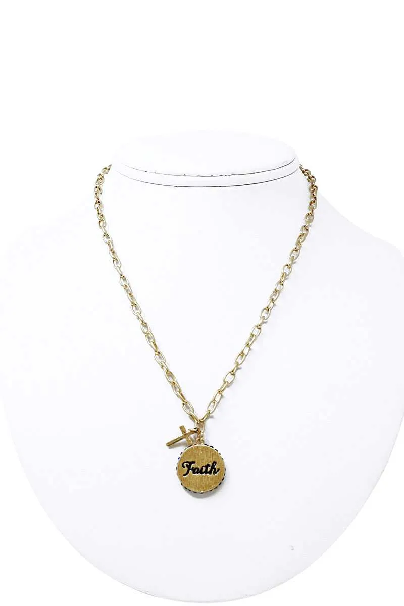 Fashion Side Rhinestone Circle Faith Pendant And Cross Necklace
