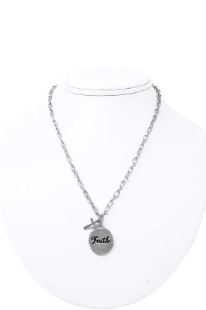 Fashion Side Rhinestone Circle Faith Pendant And Cross Necklace