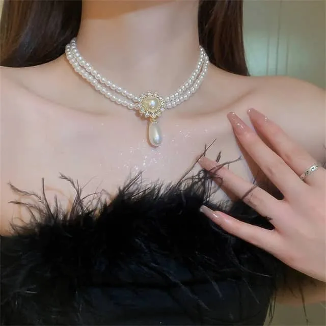 Faux Pearl Water Drop Crystal Choker Necklace