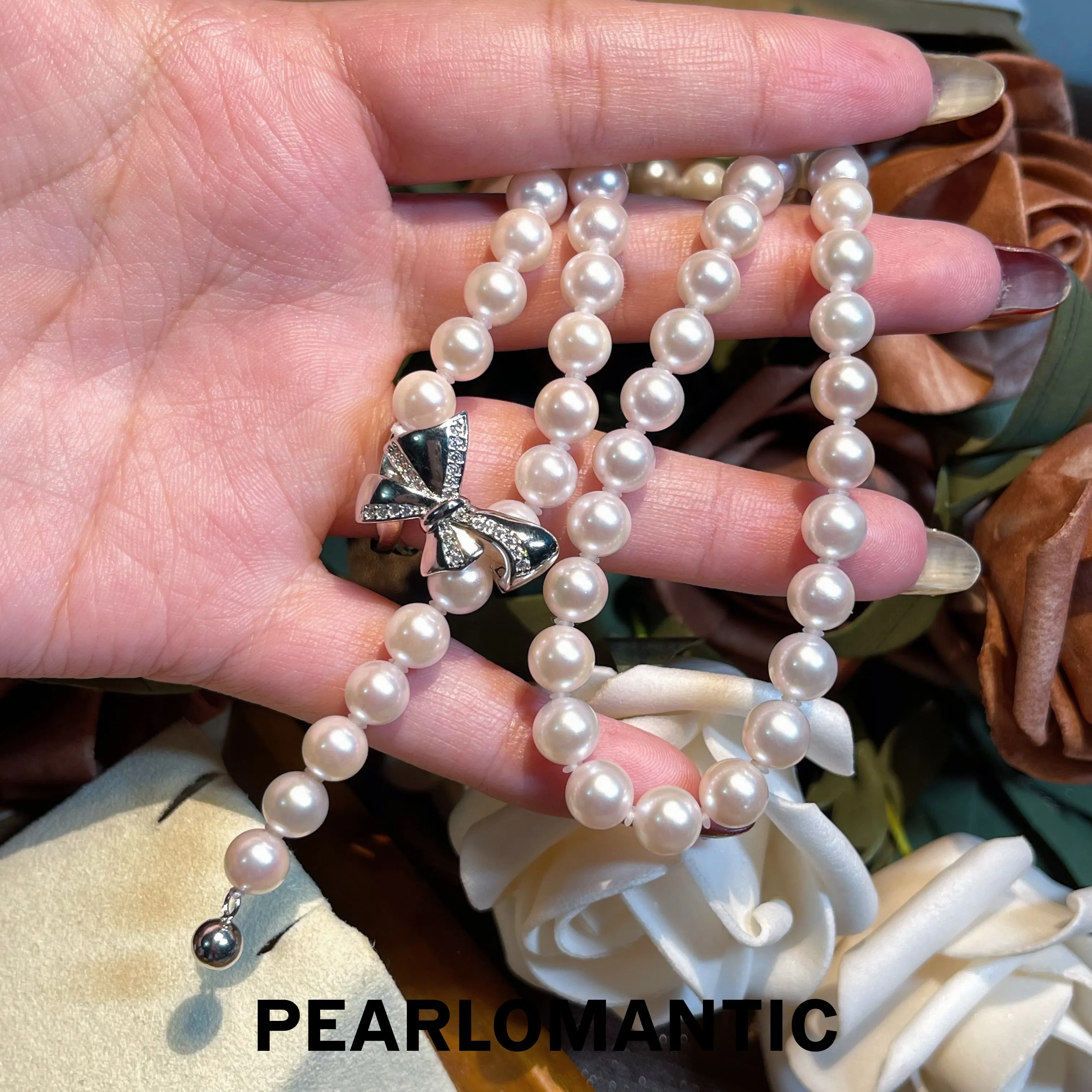 [Fine Jewelry] Akoya Pearl 6.5-7mm Classic Y-style Bowtie Clasp Necklaces 43cm w/ Chinese Certificate