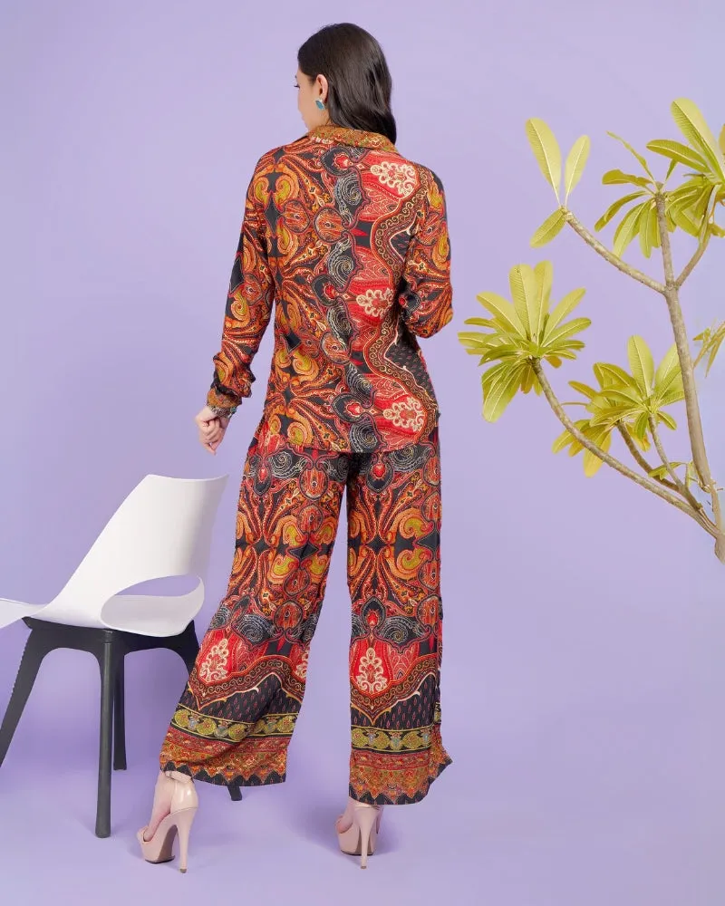 Flame fusion boho collared shirt and trouser co-ord set