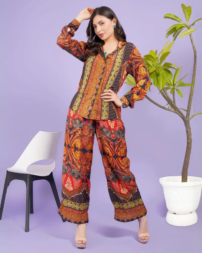 Flame fusion boho collared shirt and trouser co-ord set