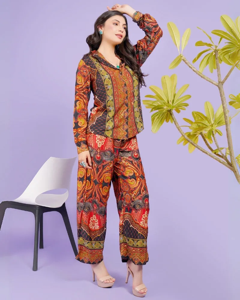 Flame fusion boho collared shirt and trouser co-ord set