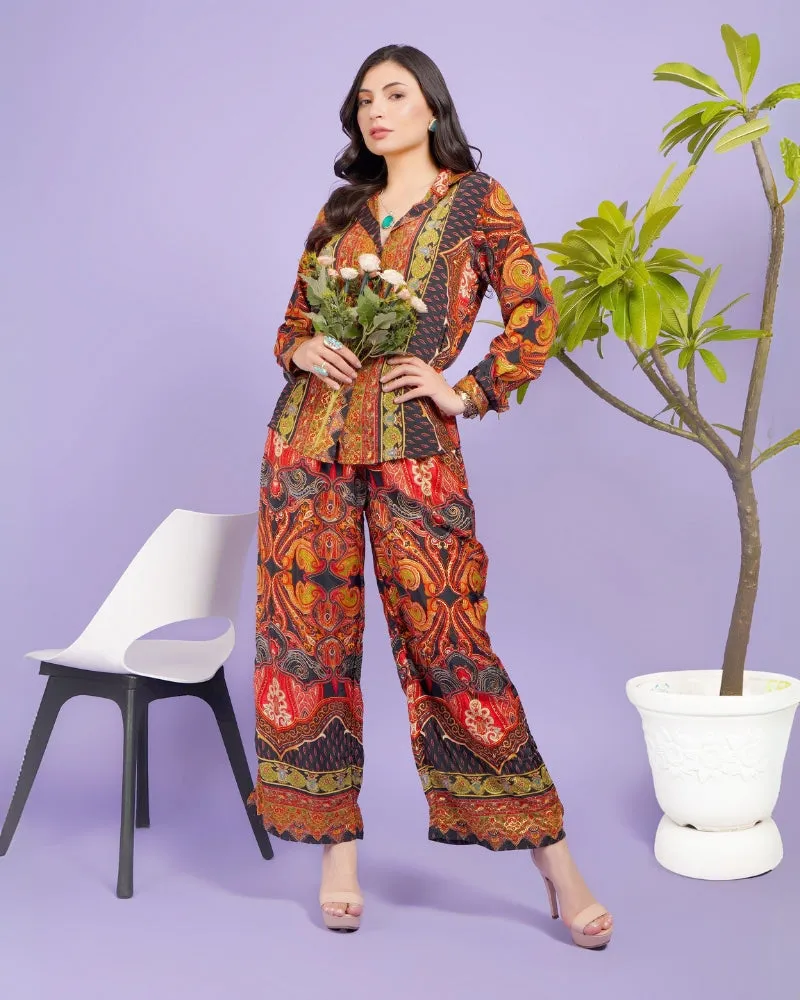 Flame fusion boho collared shirt and trouser co-ord set