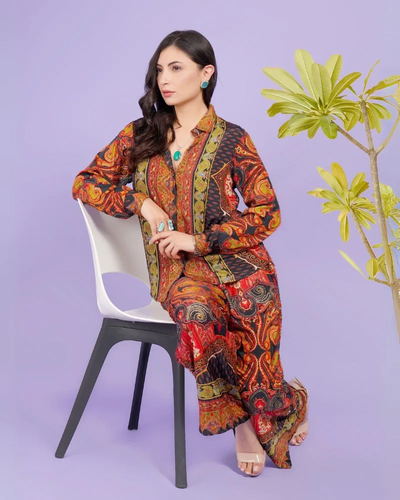 Flame fusion boho collared shirt and trouser co-ord set