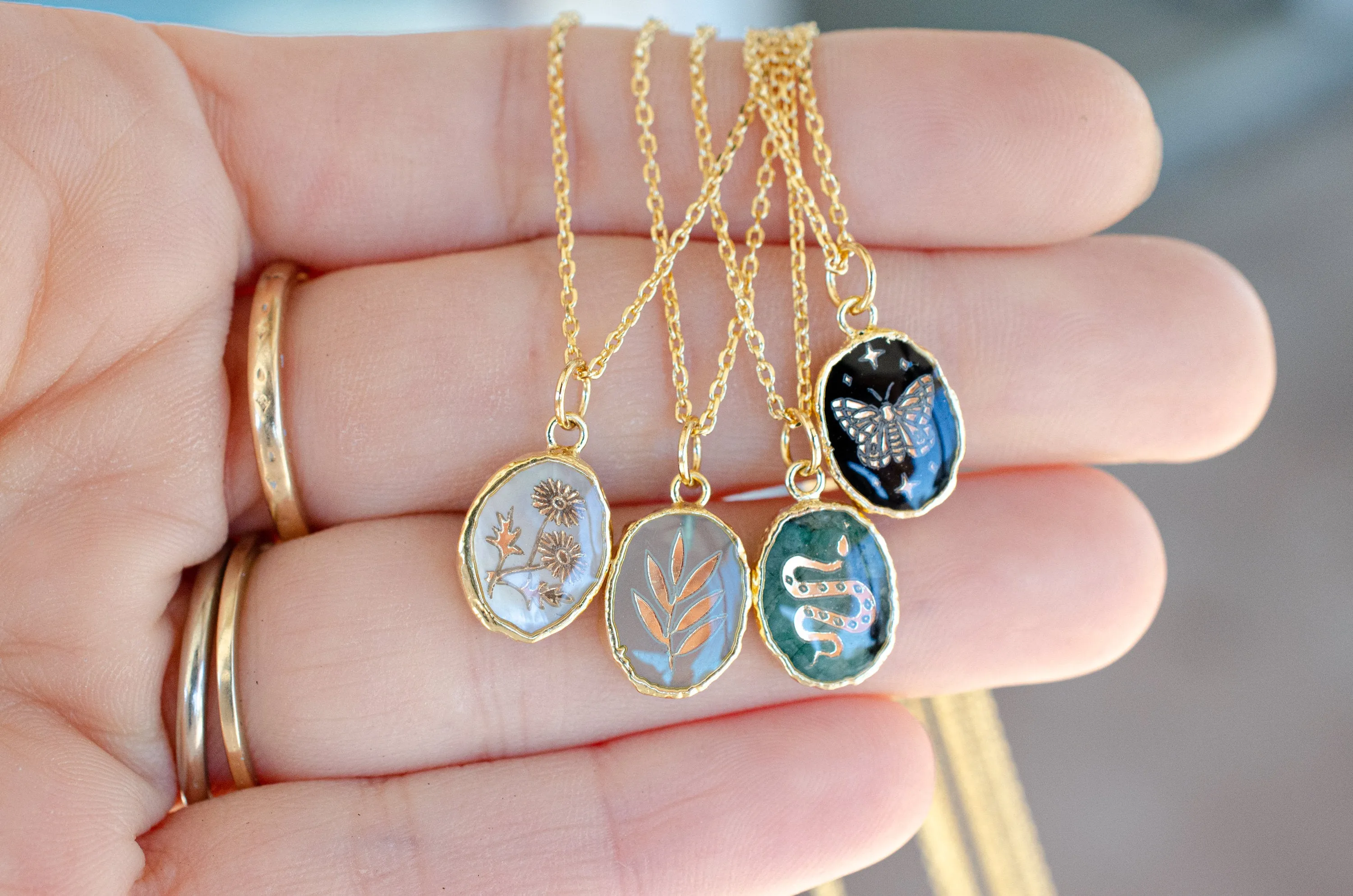 Gemstone Birthstone Necklace, Butterfly necklace, flower necklace, hearts, celestial necklace, snake necklace Saturn, gemstone necklace