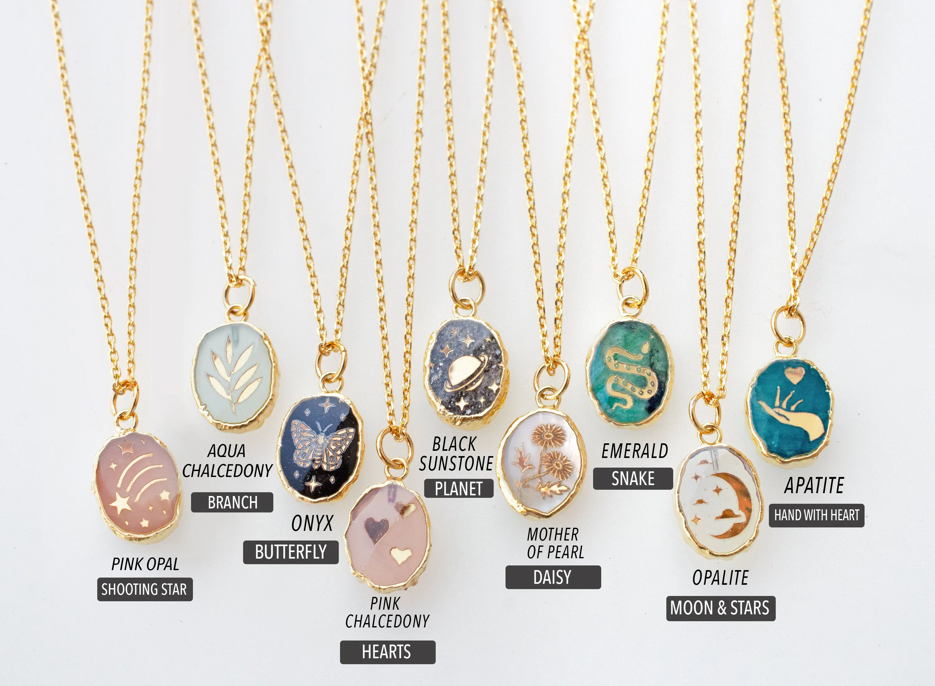 Gemstone Birthstone Necklace, Butterfly necklace, flower necklace, hearts, celestial necklace, snake necklace Saturn, gemstone necklace