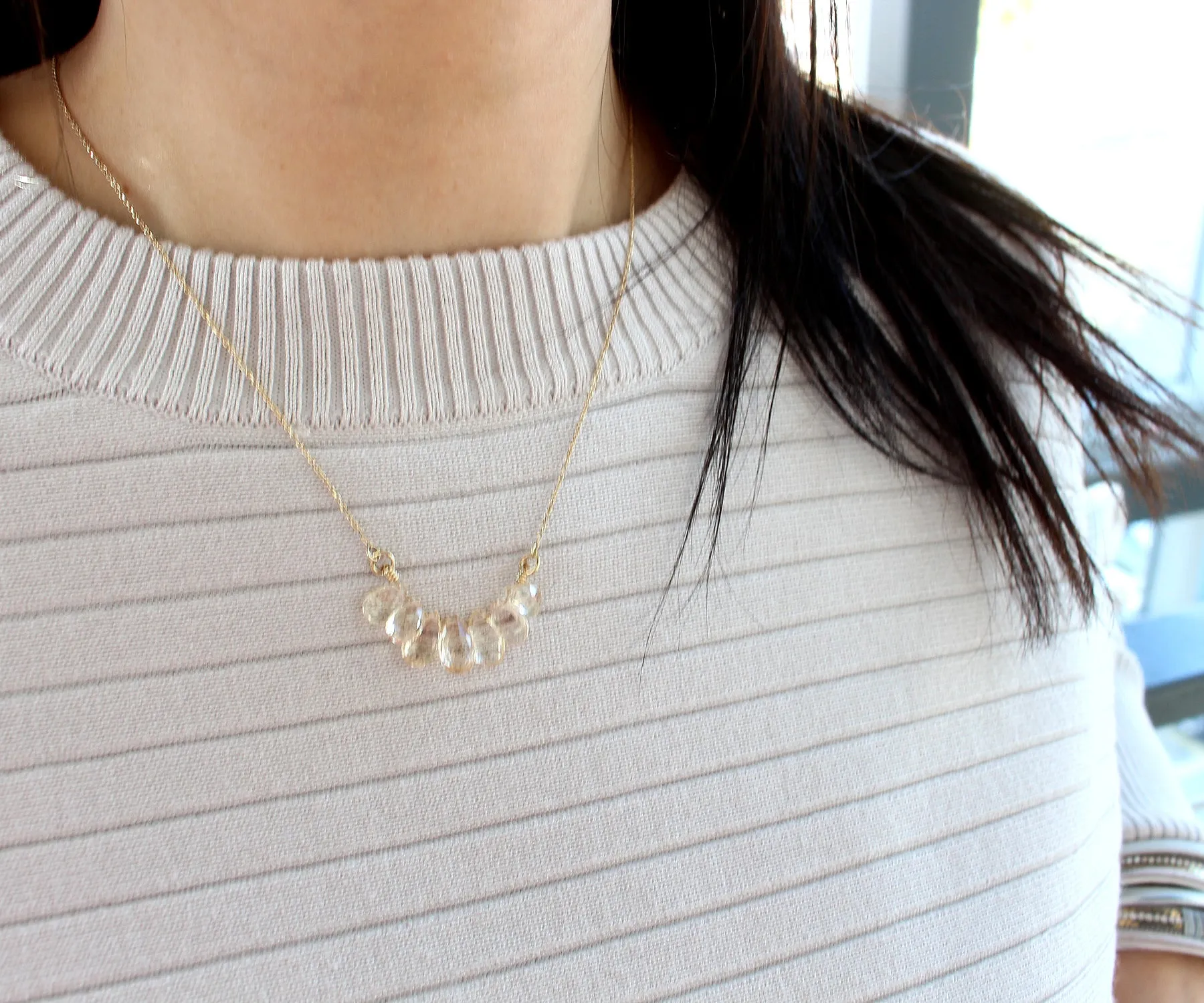 Genuine Yellow Aquamarine Briolette 14k Gold Necklace