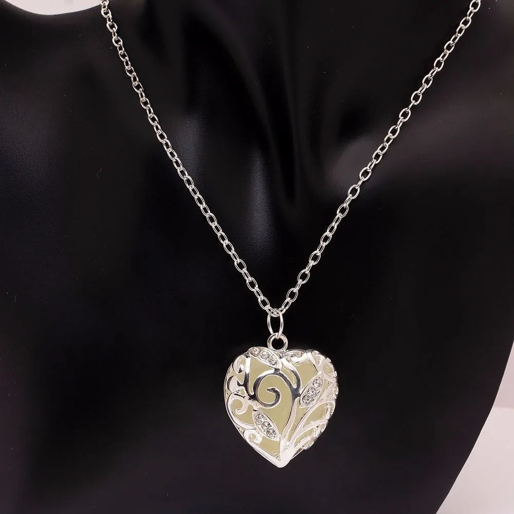 Glow In The Dark Silver Heart Necklace
