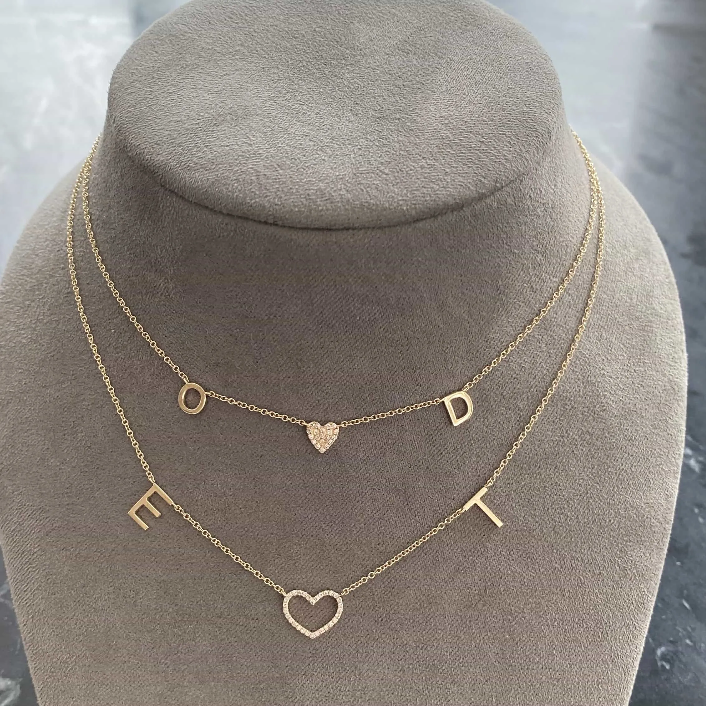 Gold Initials and Cutout Pave Heart Necklace