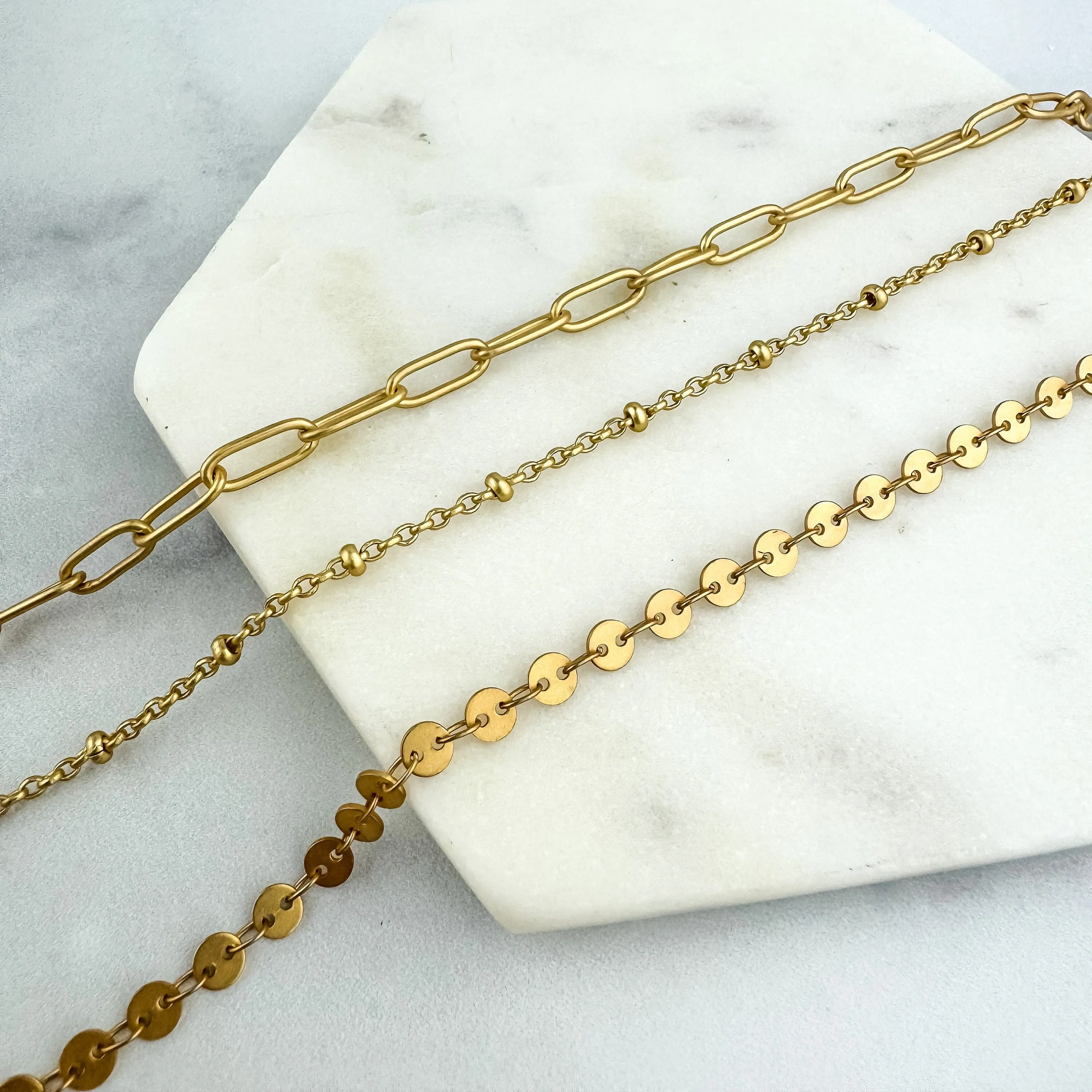 Gold Layering Necklaces | Nickel-Free Gold Plated Brass Chains | Paperclip Chain | Satellite Chain | Disc Chain