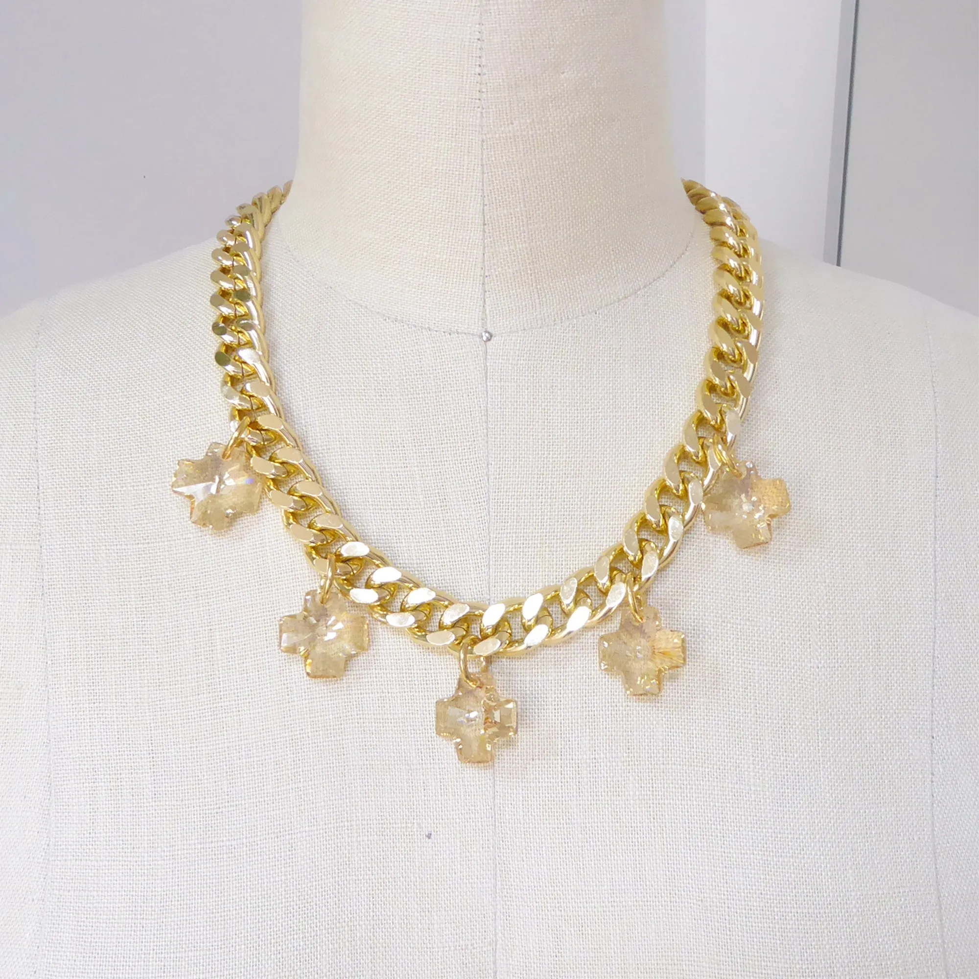 Golden crystal cross necklace