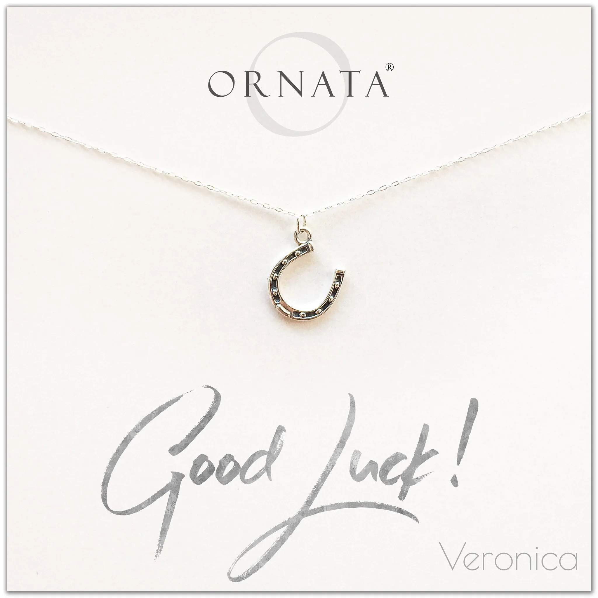 “Good Luck” Horseshoe Sterling Silver Necklace on Personalized Jewelry Card