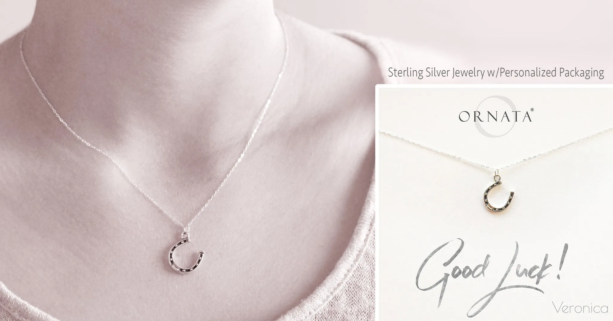 “Good Luck” Horseshoe Sterling Silver Necklace on Personalized Jewelry Card