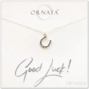 “Good Luck” Horseshoe Sterling Silver Necklace on Personalized Jewelry Card