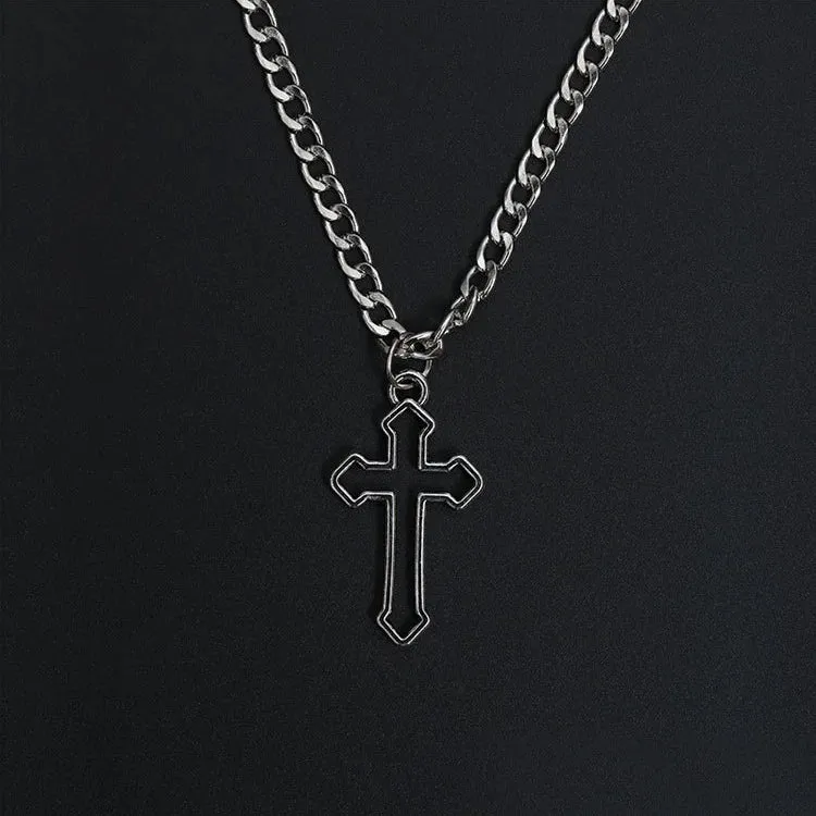 Gothic Hollow Cross Pendant Necklace – Vintage Silver Street Style Jewelry