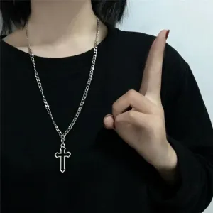 Gothic Hollow Cross Pendant Necklace – Vintage Silver Street Style Jewelry