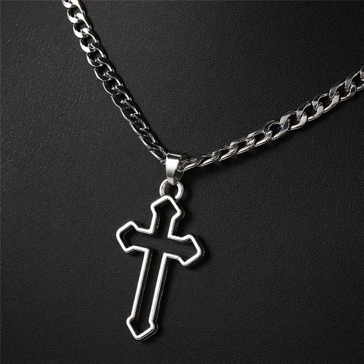 Gothic Hollow Cross Pendant Necklace – Vintage Silver Street Style Jewelry