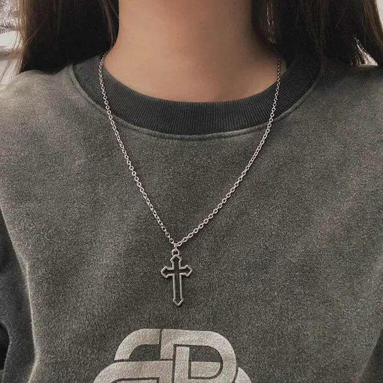Gothic Hollow Cross Pendant Necklace – Vintage Silver Street Style Jewelry