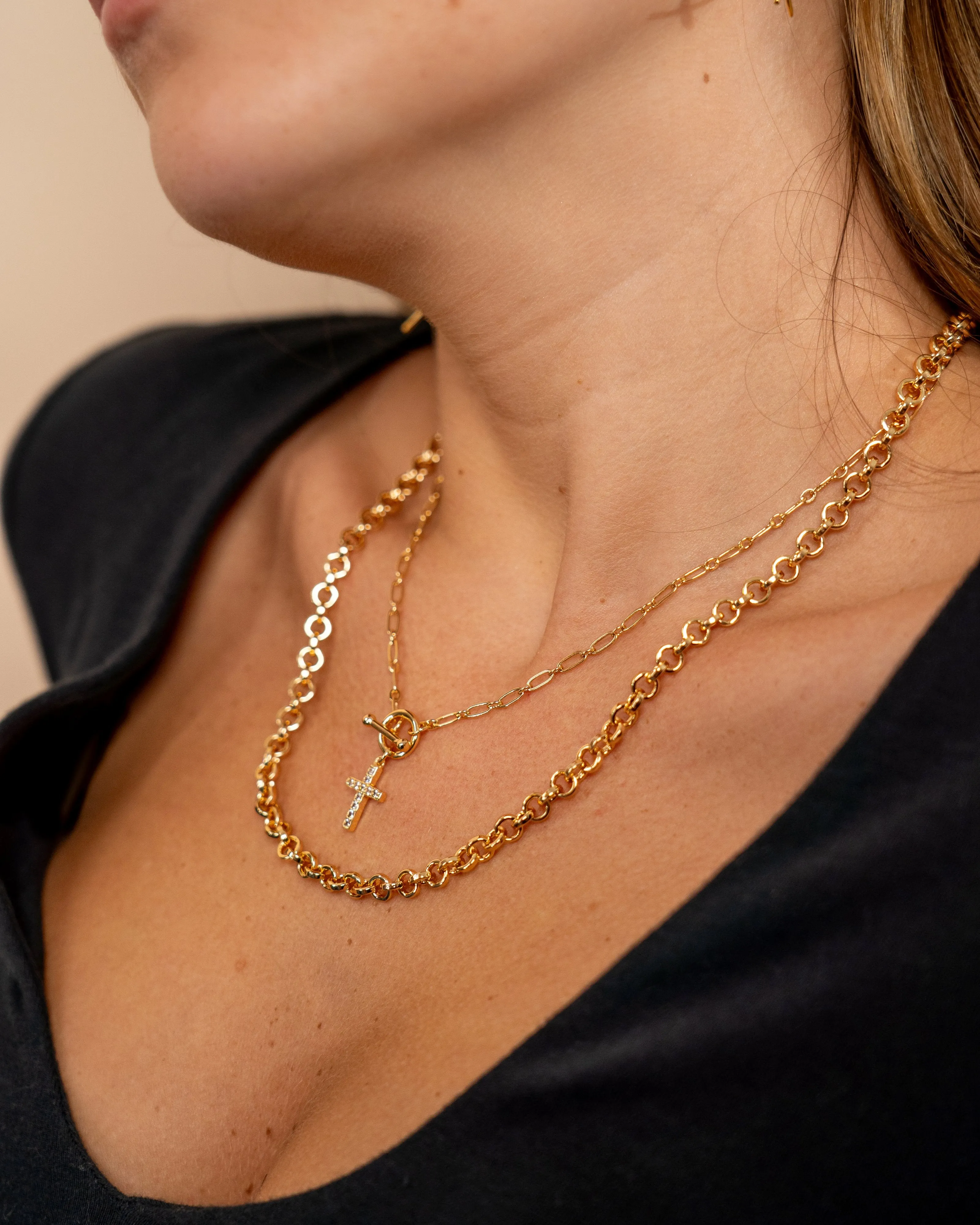 Grace CZ Cross & Layered Chain Necklace