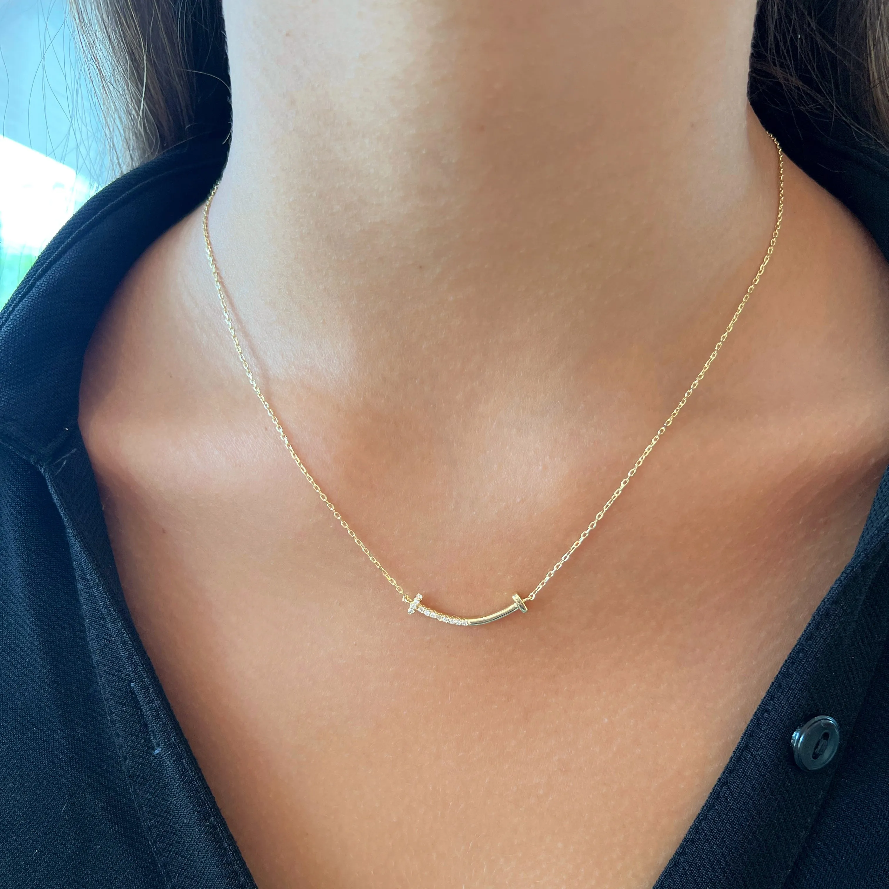 Half Pave Curve Bar Necklace