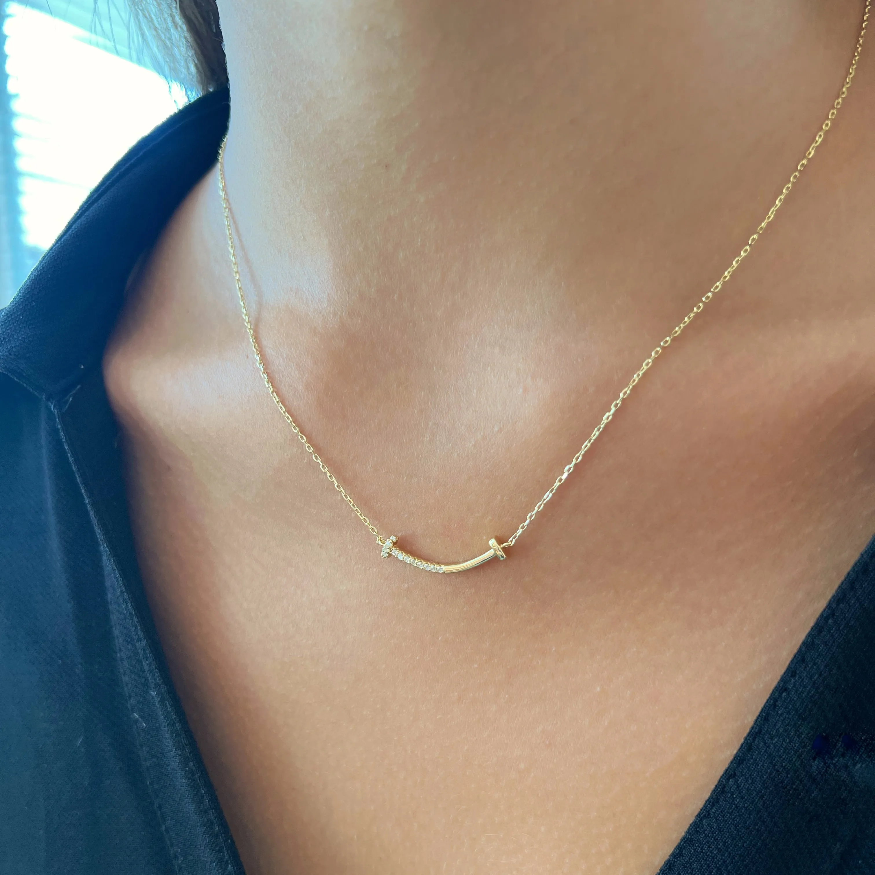 Half Pave Curve Bar Necklace