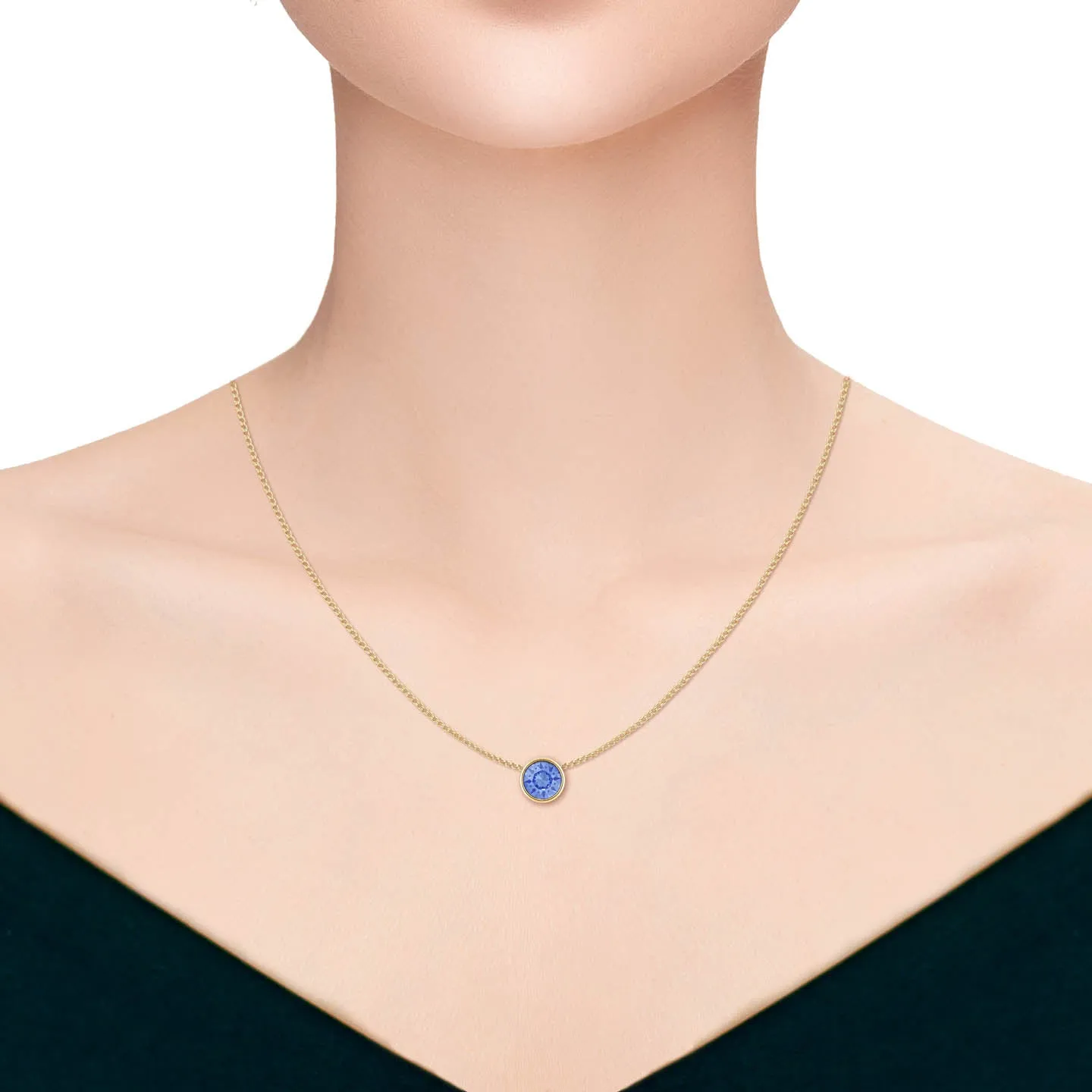 Harley Small Pendant Necklace with Blue Light Sapphire Round Crystals from Swarovski Gold Plated