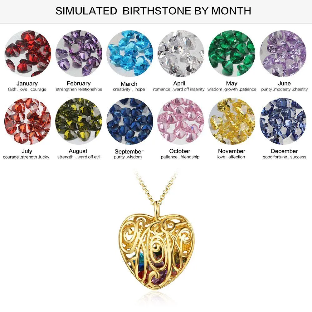 Heart Hollow With Birthstone Personalized Gifts Gold Color 925 Sterling Silver Pendant Necklace Women Jewelry