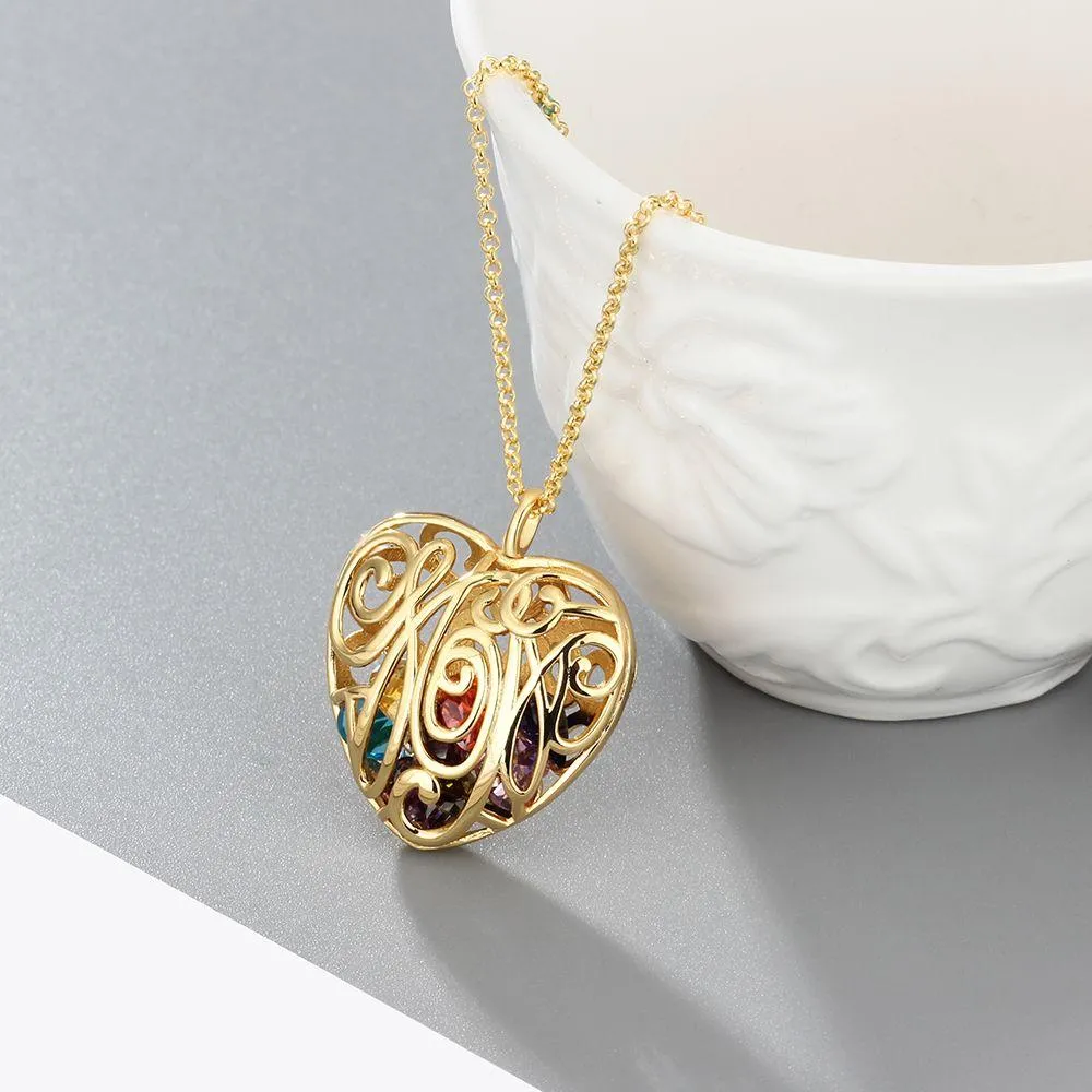 Heart Hollow With Birthstone Personalized Gifts Gold Color 925 Sterling Silver Pendant Necklace Women Jewelry