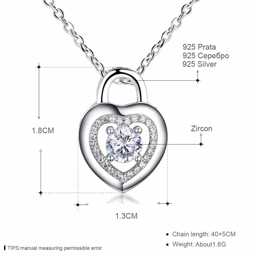 Heart Lock Shape Cubic Zirconia 925 Sterling Silver Necklaces & Pendants Fashion Party Jewelry For Women