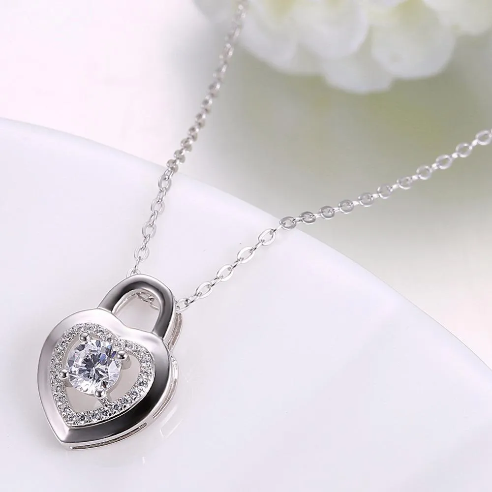Heart Lock Shape Cubic Zirconia 925 Sterling Silver Necklaces & Pendants Fashion Party Jewelry For Women