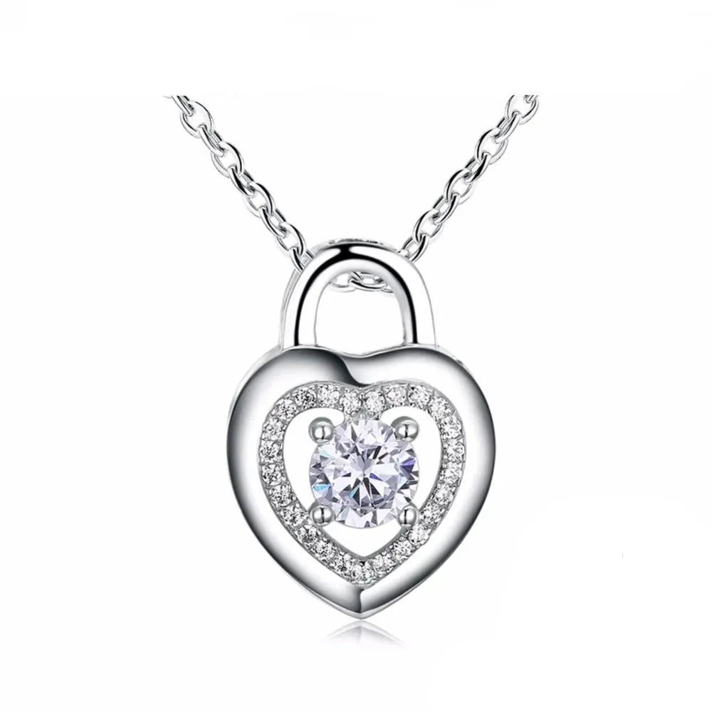 Heart Lock Shape Cubic Zirconia 925 Sterling Silver Necklaces & Pendants Fashion Party Jewelry For Women