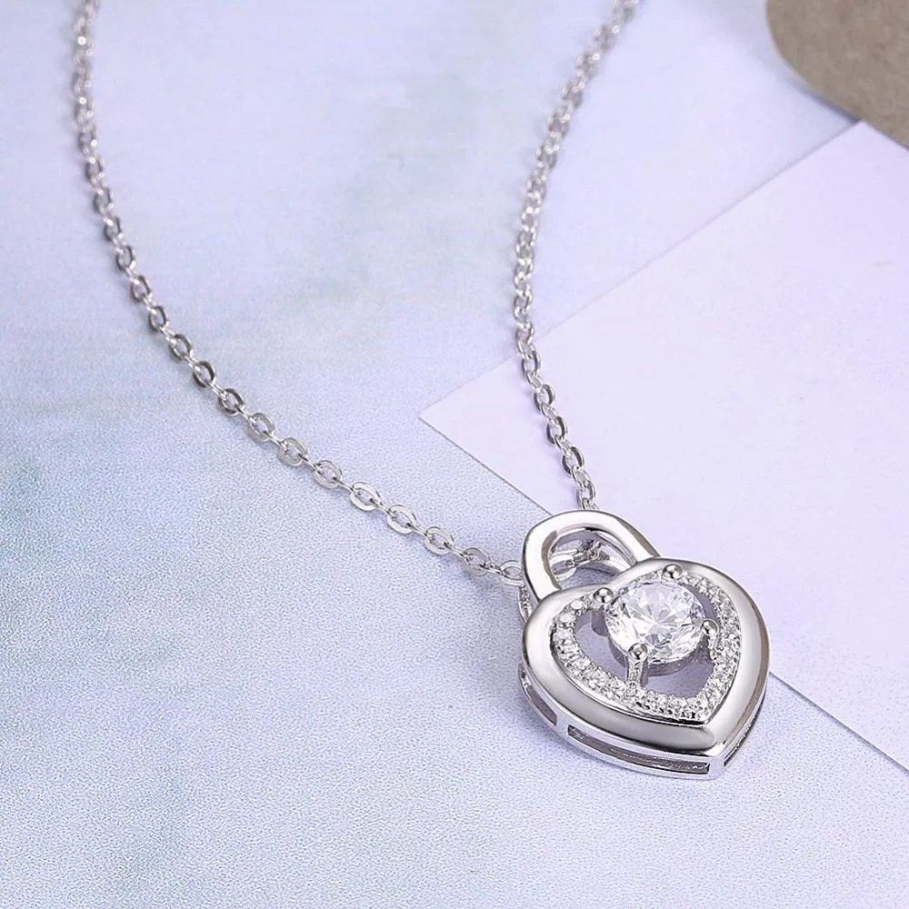 Heart Lock Shape Cubic Zirconia 925 Sterling Silver Necklaces & Pendants Fashion Party Jewelry For Women