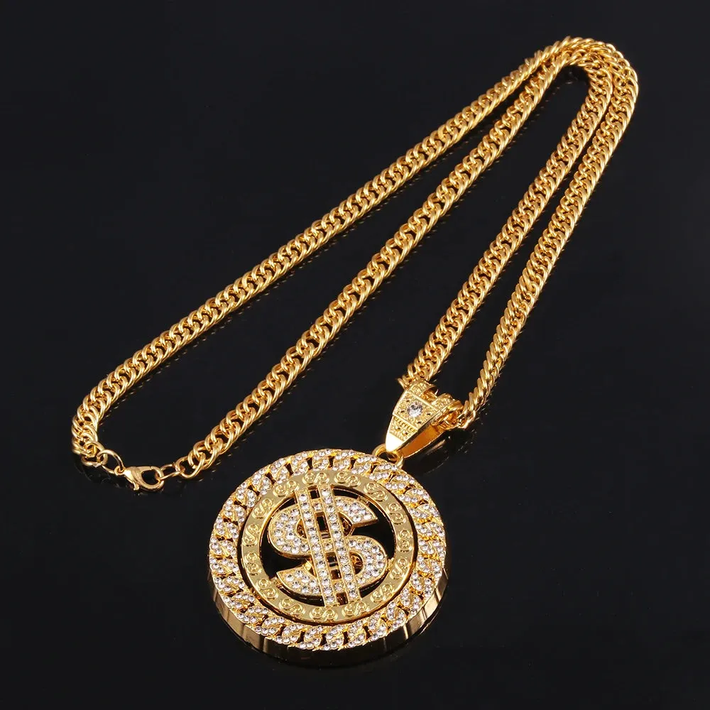 Hip Hop Rotatable US Dollar Pendant Necklace Men Gold Sliver Color Ice Out Crystal Sign Rock Pendant Bling Rapper Bling Jewerly