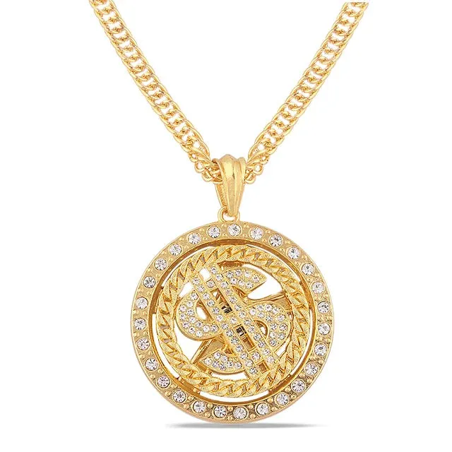 Hip Hop Rotatable US Dollar Pendant Necklace Men Gold Sliver Color Ice Out Crystal Sign Rock Pendant Bling Rapper Bling Jewerly