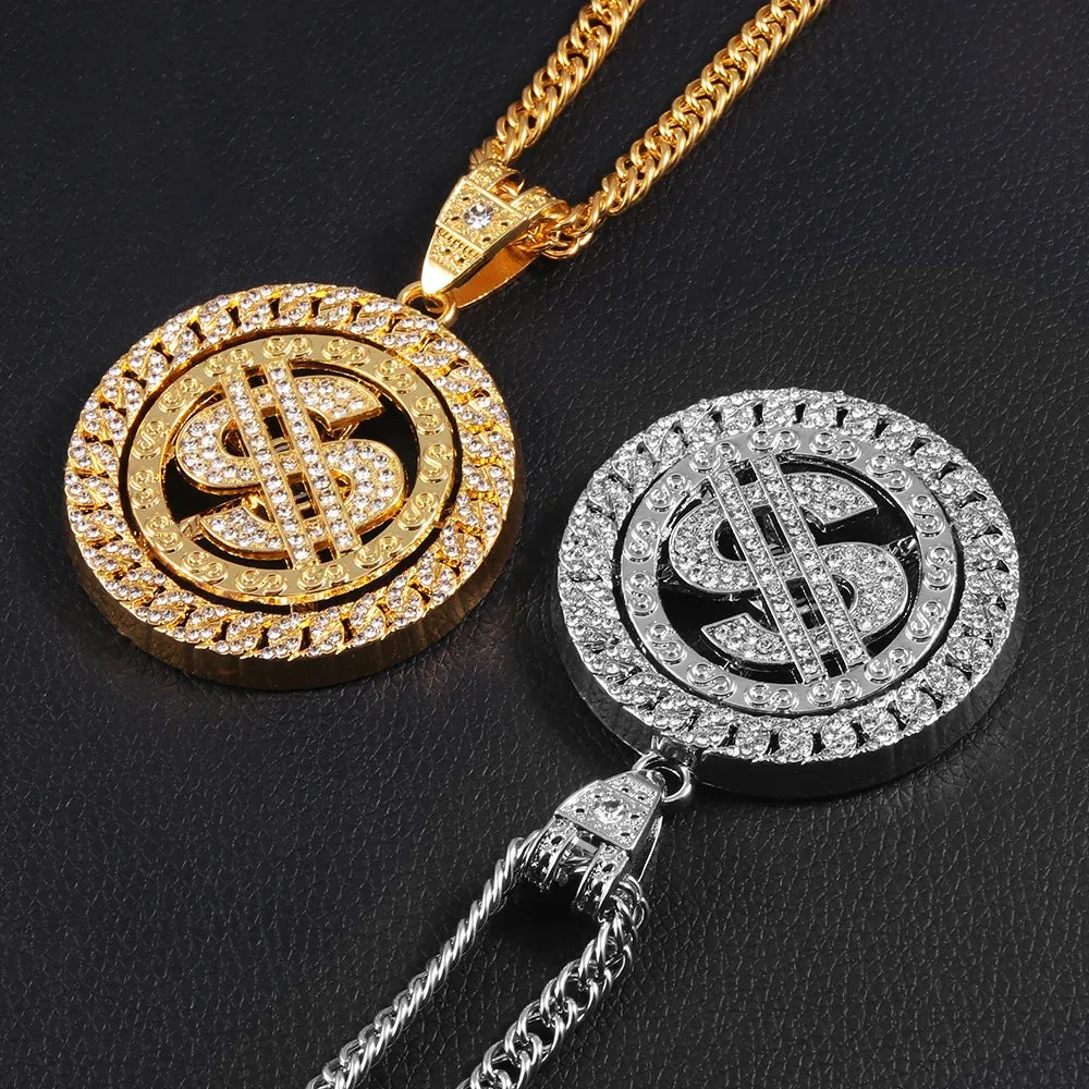 Hip Hop Rotatable US Dollar Pendant Necklace Men Gold Sliver Color Ice Out Crystal Sign Rock Pendant Bling Rapper Bling Jewerly