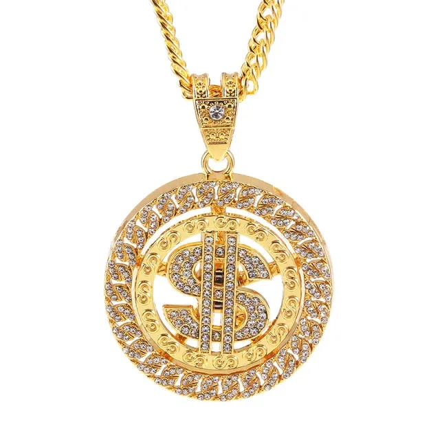 Hip Hop Rotatable US Dollar Pendant Necklace Men Gold Sliver Color Ice Out Crystal Sign Rock Pendant Bling Rapper Bling Jewerly